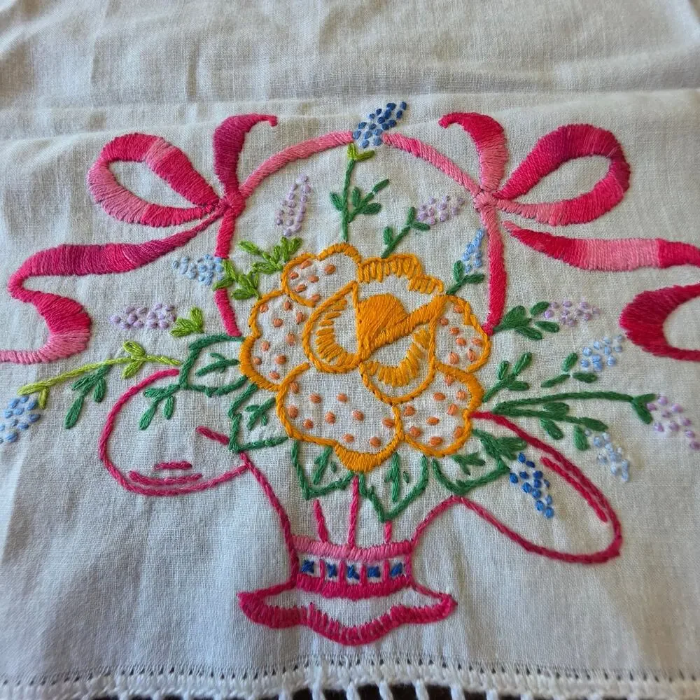 Vintage Floral Basket Embroidered Dresser Scarf Linen Runner Double Sided 32